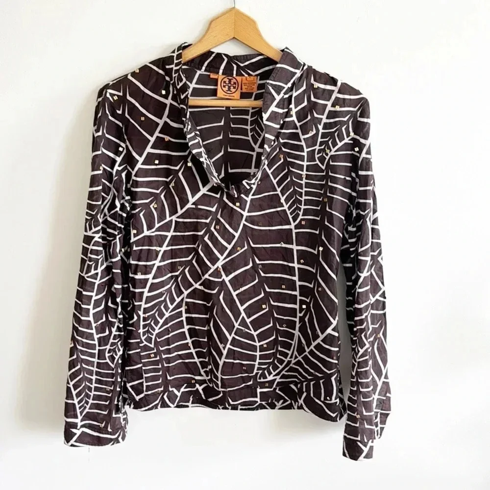 Tory Burch brown leaf Printed Cotton V-Neck Long Sleeve Tunic Top Blouse Size 6